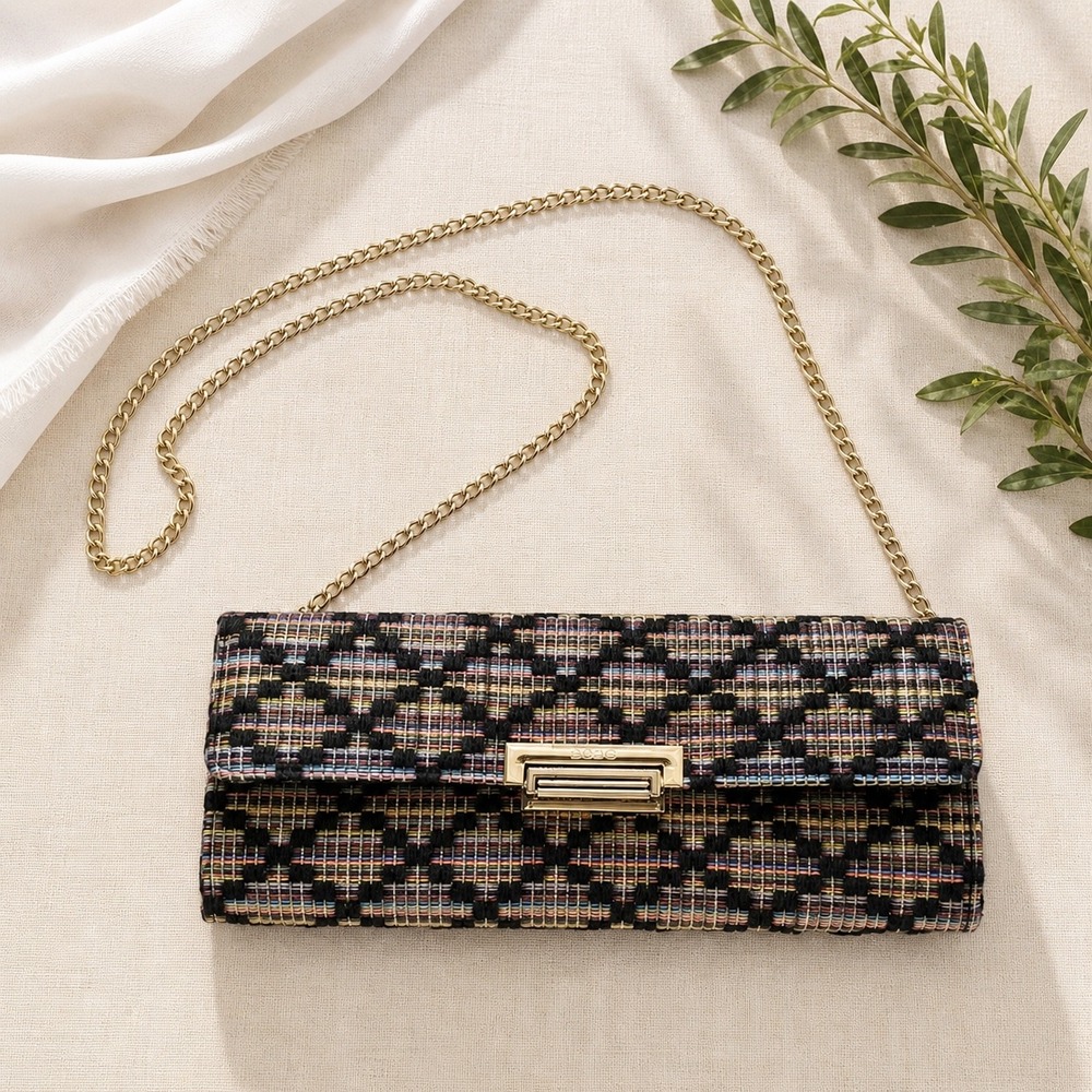 BCBG Multi-Color Woven Geometric Clutch Bag with Detachable Chain Strap